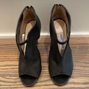 Jimmy Choo black leather. Opened toe bootie heels